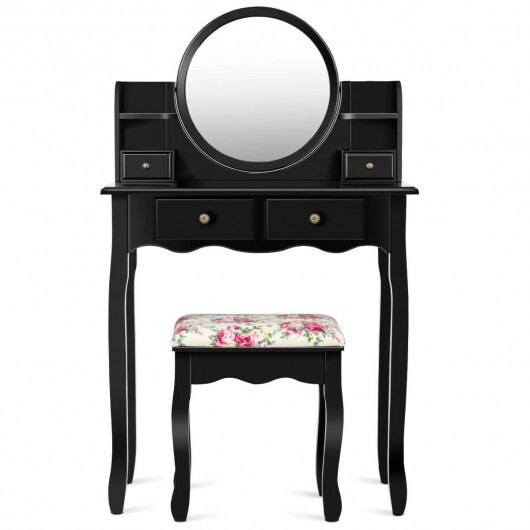 Makeup Vanity Table Set Girls Dressing Table with Drawers Oval Mirror-Black LuxuryLifeWay Online Store