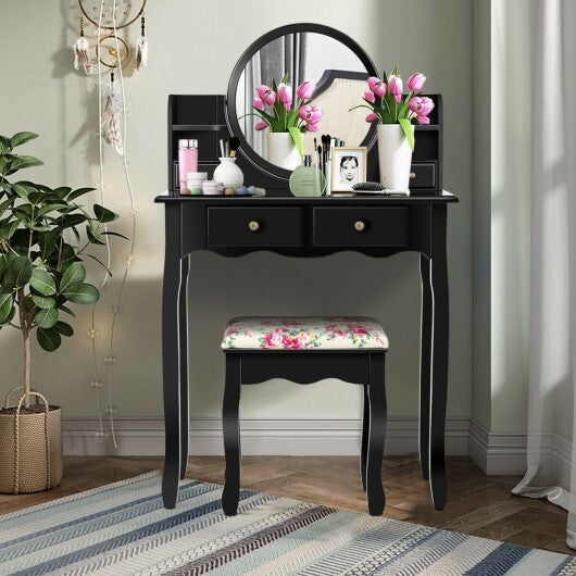 Makeup Vanity Table Set Girls Dressing Table with Drawers Oval Mirror-Black LuxuryLifeWay Online Store