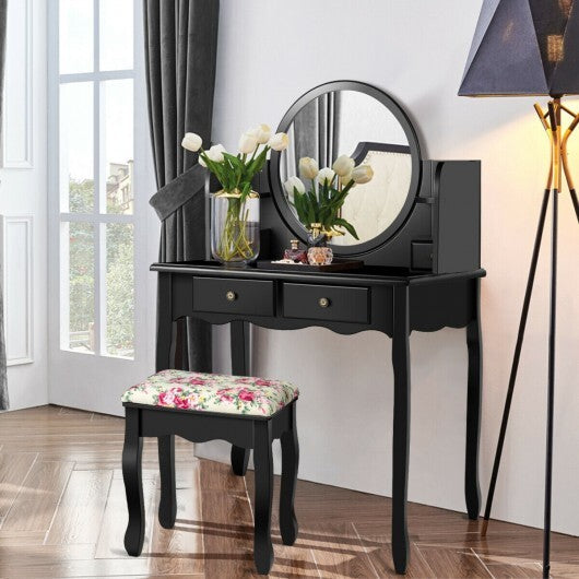 Makeup Vanity Table Set Girls Dressing Table with Drawers Oval Mirror-Black LuxuryLifeWay Online Store