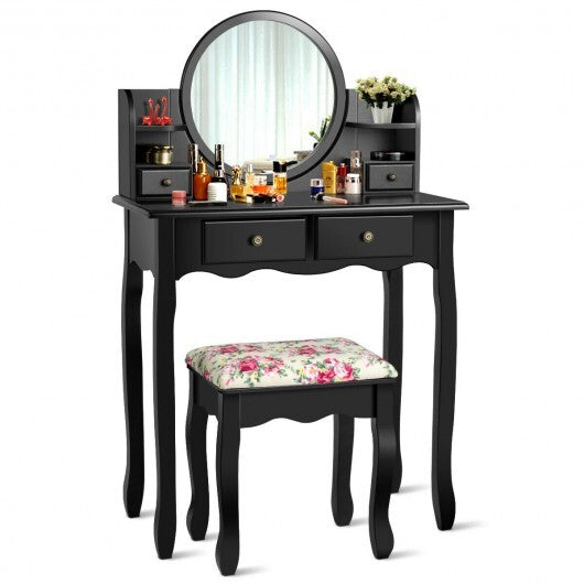 Makeup Vanity Table Set Girls Dressing Table with Drawers Oval Mirror-Black LuxuryLifeWay Online Store
