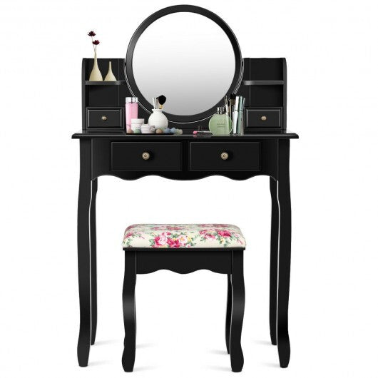 Makeup Vanity Table Set Girls Dressing Table with Drawers Oval Mirror-Black LuxuryLifeWay Online Store