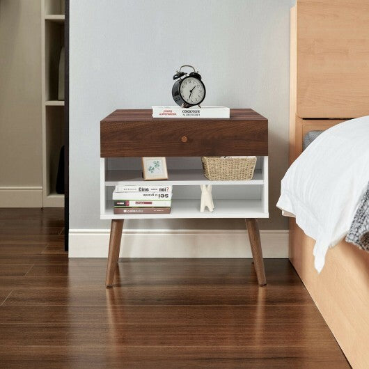 Mid-Century Nightstand with Drawer and Rubber Wood Legs - Color: Brown LuxuryLifeWay Online Store