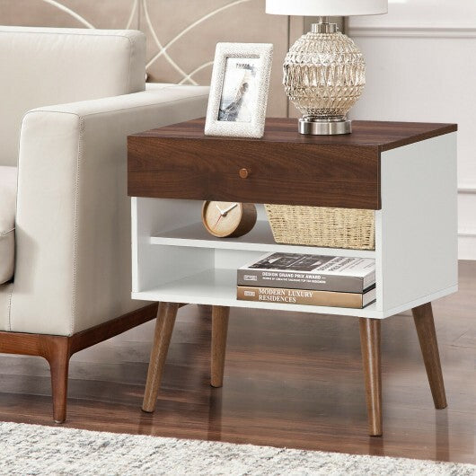 Mid-Century Nightstand with Drawer and Rubber Wood Legs - Color: Brown LuxuryLifeWay Online Store
