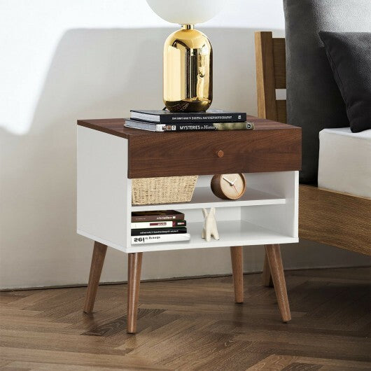 Mid-Century Nightstand with Drawer and Rubber Wood Legs - Color: Brown LuxuryLifeWay Online Store