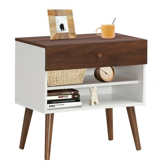 Mid-Century Nightstand with Drawer and Rubber Wood Legs - Color: Brown LuxuryLifeWay Online Store