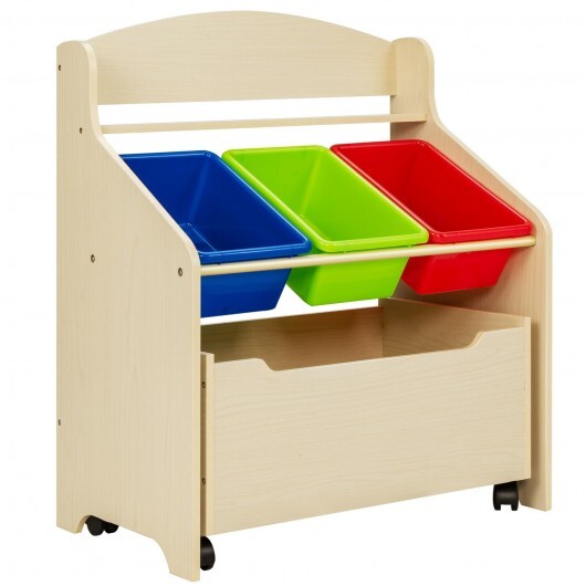 Kids Wooden Toy Storage Unit Organizer with Rolling Toy Box and Plastic Bins-Espresso LuxuryLifeWay Online Store