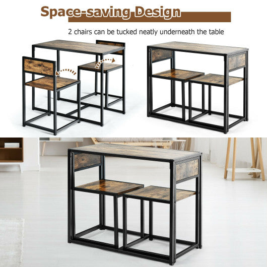 3 Pieces Dining Set Compact Table and 2 Chair with Metal Frame for Small Space-Oak