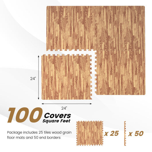 25 Tiles Wood Grain Foam Floor Mats with Borders- Natural