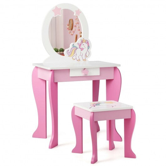 Kids Wooden Makeup Dressing Table and Chair Set with Mirror and Drawer-Pink LuxuryLifeWay Online Store