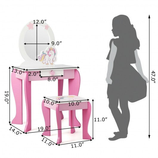 Kids Wooden Makeup Dressing Table and Chair Set with Mirror and Drawer-Pink - Color: Pink LuxuryLifeWay Online Store