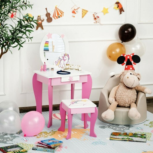 Kids Wooden Makeup Dressing Table and Chair Set with Mirror and Drawer-Pink LuxuryLifeWay Online Store