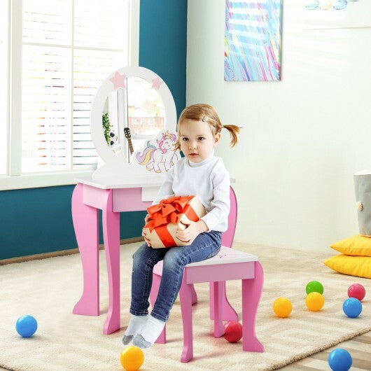 Kids Wooden Makeup Dressing Table and Chair Set with Mirror and Drawer-Pink LuxuryLifeWay Online Store