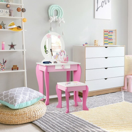 Kids Wooden Makeup Dressing Table and Chair Set with Mirror and Drawer-Pink LuxuryLifeWay Online Store
