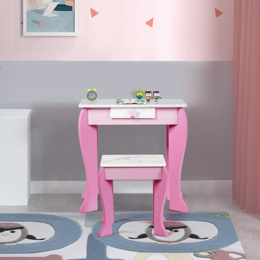 Kids Wooden Makeup Dressing Table and Chair Set with Mirror and Drawer-Pink LuxuryLifeWay Online Store