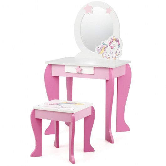 Kids Wooden Makeup Dressing Table and Chair Set with Mirror and Drawer-Pink LuxuryLifeWay Online Store