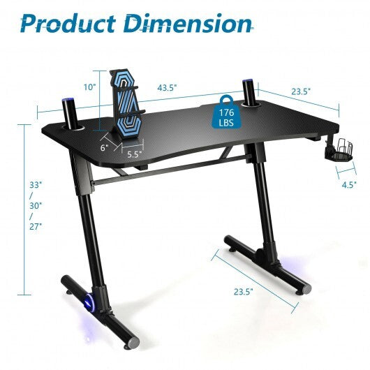 43.5 Inch Height Adjustable Gaming Desk with Blue LED Lights