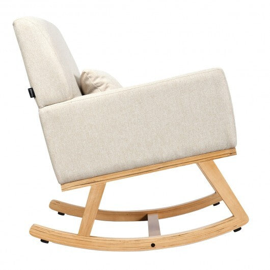 Upholstered Rocking Chair with and Solid Wood Base-Beige
