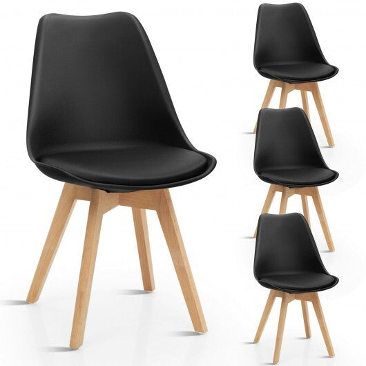 Set of 4 Dining Chairs Mid-Century Modern Shell PU Seat with Wooden Legs-Black LuxuryLifeWay Online Store