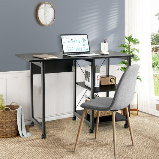 Rolling Folding Computer Desk with Storage Shelves