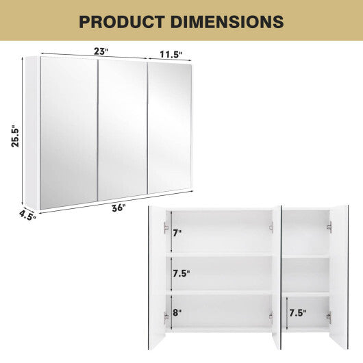 Frameless Bathroom Wall Mounted Mirror Cabinet with 3 Doors and Adjustable Shelves LuxuryLifeWay Online Store