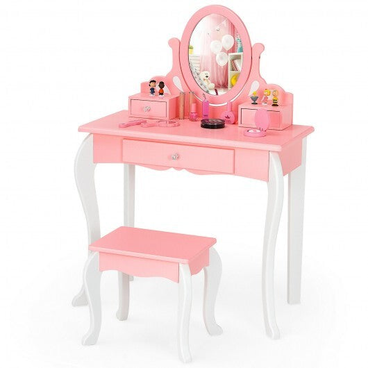 Kids Vanity Princess Makeup Dressing Table Stool Set with Mirror and Drawer-Pink LuxuryLifeWay Online Store
