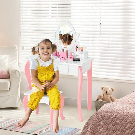 Kids Vanity Princess Makeup Dressing Table Stool Set with Mirror and Drawer-White - Color: White LuxuryLifeWay Online Store