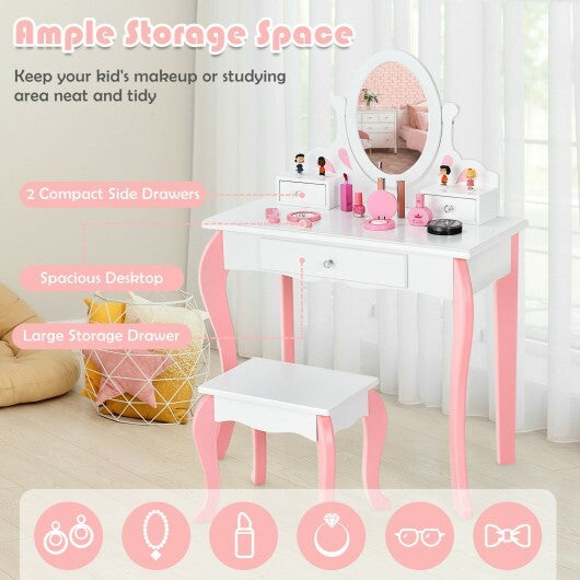 Kids Vanity Princess Makeup Dressing Table Stool Set with Mirror and Drawer-White - Color: White LuxuryLifeWay Online Store