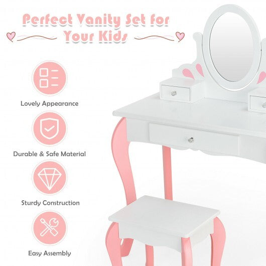 Kids Vanity Princess Makeup Dressing Table Stool Set with Mirror and Drawer-White - Color: White LuxuryLifeWay Online Store