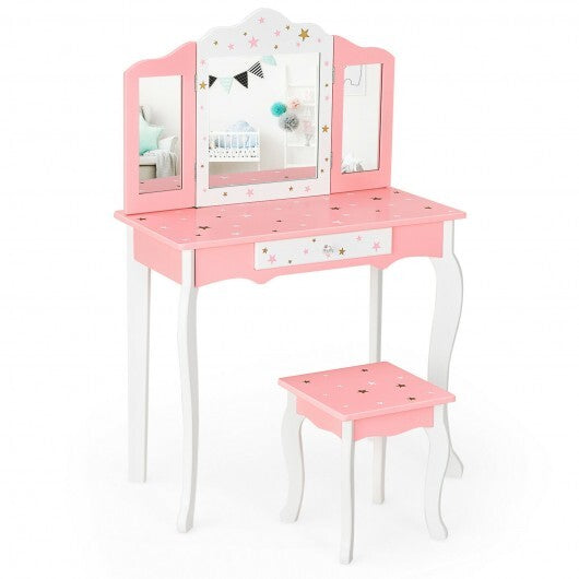 Kids Princess Vanity Table and Stool Set with Tri-folding Mirror and Drawer-Pink LuxuryLifeWay Online Store