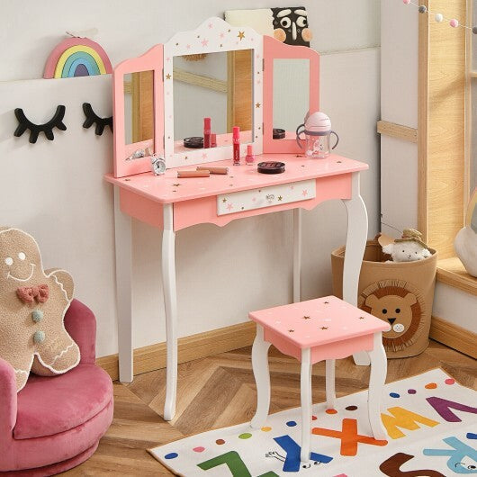 Kids Princess Vanity Table and Stool Set with Tri-folding Mirror and Drawer-Pink LuxuryLifeWay Online Store