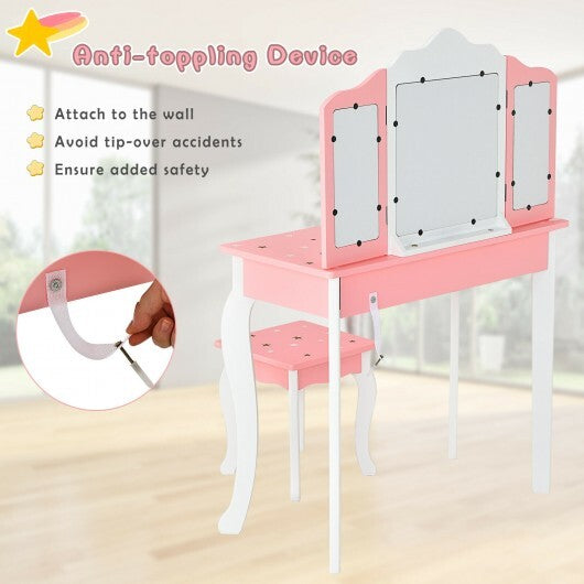 Kids Princess Vanity Table and Stool Set with Tri-folding Mirror and Drawer-Pink LuxuryLifeWay Online Store