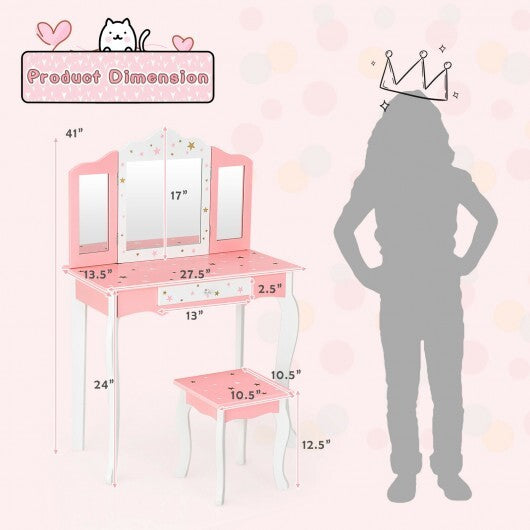 Kids Princess Vanity Table and Stool Set with Tri-folding Mirror and Drawer-Pink LuxuryLifeWay Online Store