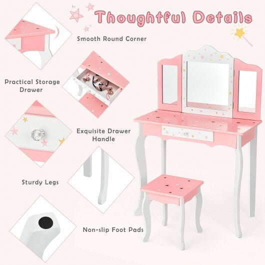 Kids Princess Vanity Table and Stool Set with Tri-folding Mirror and Drawer-Pink LuxuryLifeWay Online Store