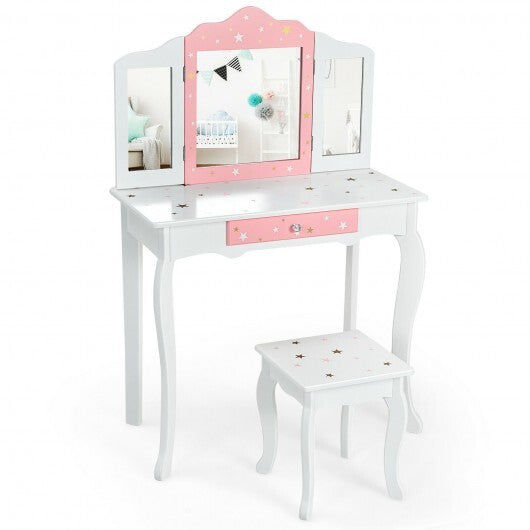 Kids Princess Vanity Table and Stool Set with Tri-folding Mirror and Drawer-Pink LuxuryLifeWay Online Store