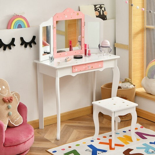 Kids Princess Vanity Table and Stool Set with Tri-folding Mirror and Drawer-Pink LuxuryLifeWay Online Store