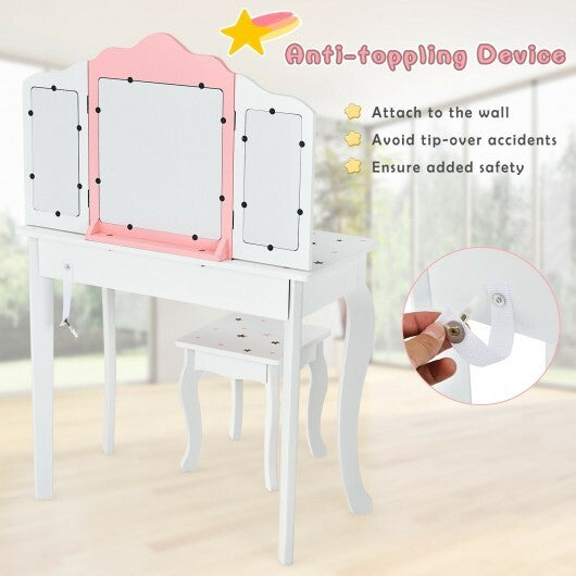 Kids Princess Vanity Table and Stool Set with Tri-folding Mirror and Drawer-Pink LuxuryLifeWay Online Store