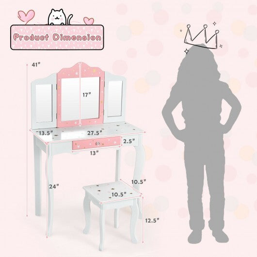 Kids Princess Vanity Table and Stool Set with Tri-folding Mirror and Drawer-Pink LuxuryLifeWay Online Store