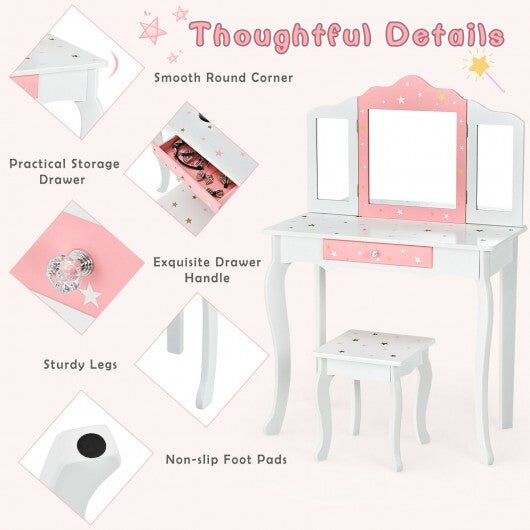 Kids Princess Vanity Table and Stool Set with Tri-folding Mirror and Drawer-Pink LuxuryLifeWay Online Store