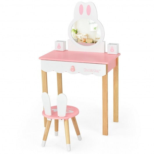 Kids Vanity Set Rabbit Makeup Dressing Table Chair Set with Mirror and Drawer-White LuxuryLifeWay Online Store