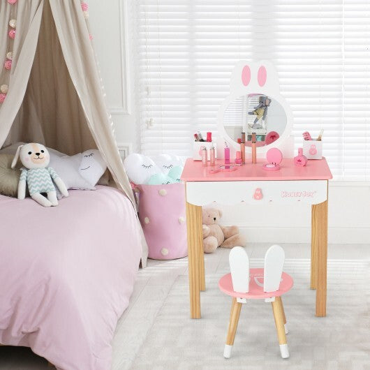 Kids Vanity Set Rabbit Makeup Dressing Table Chair Set with Mirror and Drawer-White LuxuryLifeWay Online Store
