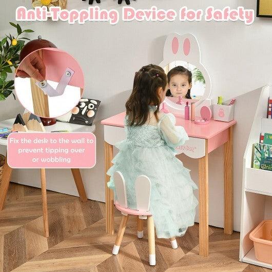 Kids Vanity Set Rabbit Makeup Dressing Table Chair Set with Mirror and Drawer-White LuxuryLifeWay Online Store