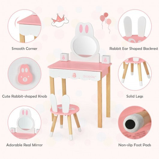 Kids Vanity Set Rabbit Makeup Dressing Table Chair Set with Mirror and Drawer-White LuxuryLifeWay Online Store