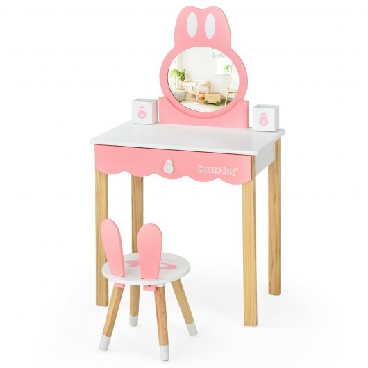 Kids Vanity Set Rabbit Makeup Dressing Table Chair Set with Mirror and Drawer-White LuxuryLifeWay Online Store