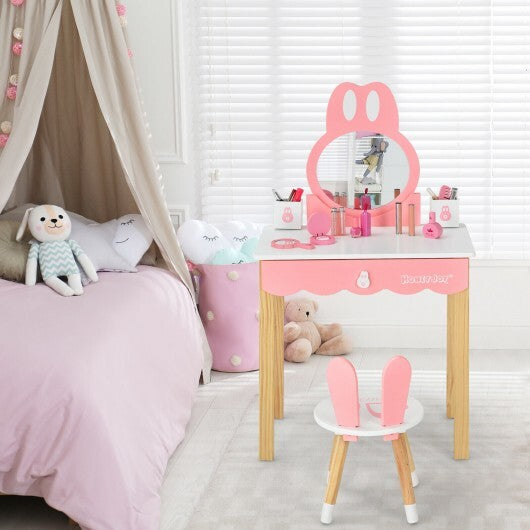 Kids Vanity Set Rabbit Makeup Dressing Table Chair Set with Mirror and Drawer-White LuxuryLifeWay Online Store