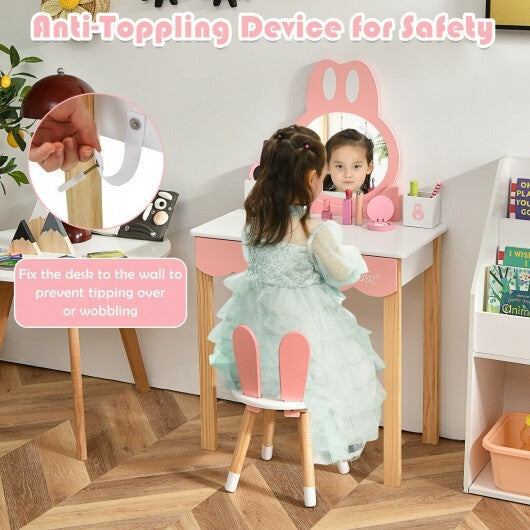 Kids Vanity Set Rabbit Makeup Dressing Table Chair Set with Mirror and Drawer-White LuxuryLifeWay Online Store