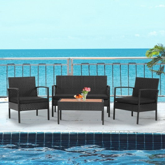 4 Pieces Patio Rattan Cushioned Furniture Set with Wooden Tabletop LuxuryLifeWay Online Store