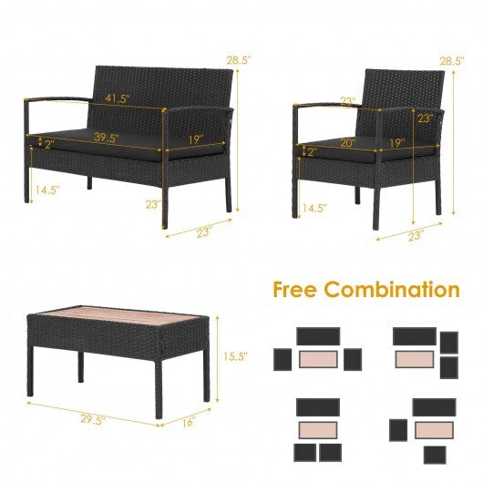 4 Pieces Patio Rattan Cushioned Furniture Set with Wooden Tabletop LuxuryLifeWay Online Store