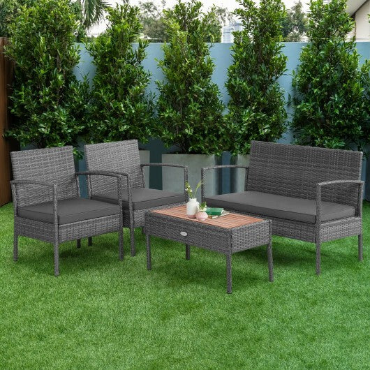 4 Pieces Rattan Patio Conversation Furniture Set with Acacia Wood Tabletop LuxuryLifeWay Online Store
