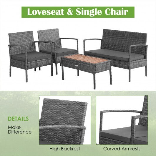 4 Pieces Rattan Patio Conversation Furniture Set with Acacia Wood Tabletop LuxuryLifeWay Online Store