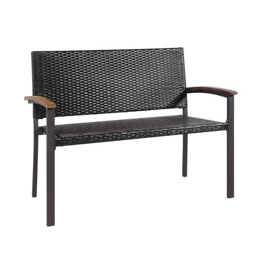 Outdoor Patio Rattan Wicker Bench with Armrest for Garden - Color: Black LuxuryLifeWay Online Store